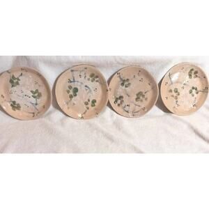 4 Pc Pottery Sushi Plates Hand Painted Oriental Cherry Blossom Fire Glazed Asian